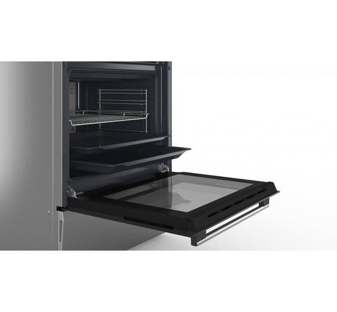 Плита Bosch комбінована, 66л, 60x60см, дисплей, конвекція, чавун, WOK, нержавіюча сталь