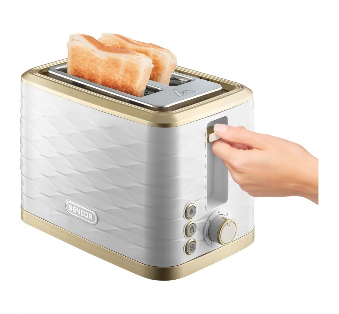 Тостер Sencor 930Вт, подогрев, разморозка, подсветка пластик, бело-золотой