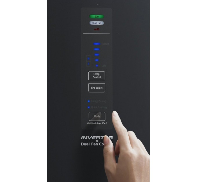 Холодильник Hitachi з нижн. мороз., 190x60х65, холод.відд.-215л, мороз.відд.-115л, 2дв., А++, NF, інв., зона нульова, сірий чорний (скло)