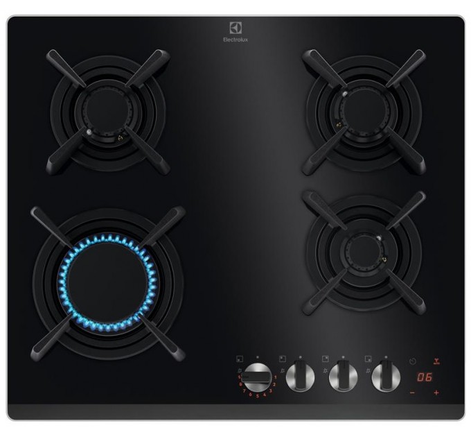 Варочная поверхность Electrolux газ на стекле, 60см, чугун, электр. управл., Hob2Hood, черный