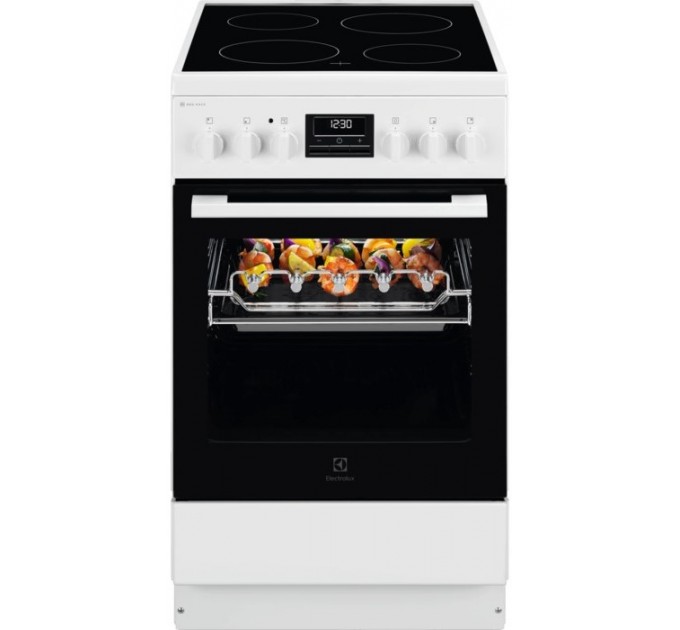 Плита Electrolux электрическая стеклокерамическая, 57л, 50x60см, дисплей, конвекция, противень для барбекю, белый