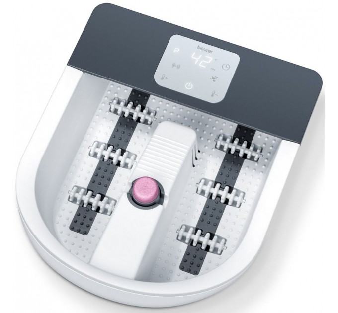 Масажна ванночка Beurer для ніг, від мережі, 3 насадки, підтрим. температури води, сенс. керув., біло-сірий