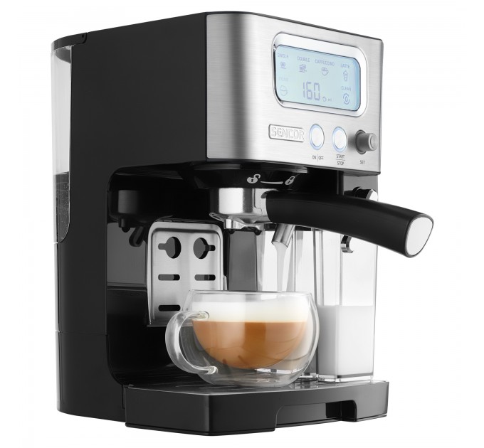 Кофеварка Sencor рожковая 1.4л, молотый, автоматический капучинатор, LCD-дисплей, нерж. сталь-черный