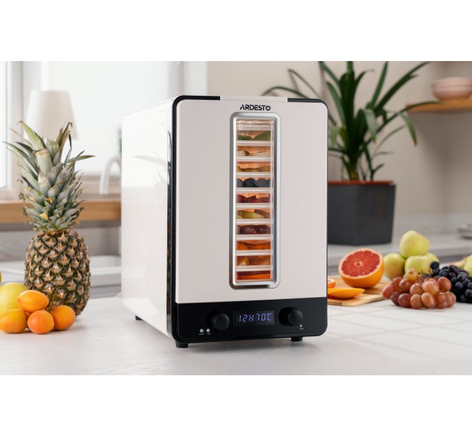 Сушарка для продуктів ARDESTO 550Вт, піддонів - 10+1x3см, макс - 70°С, сітка для ягід, пластик, білий