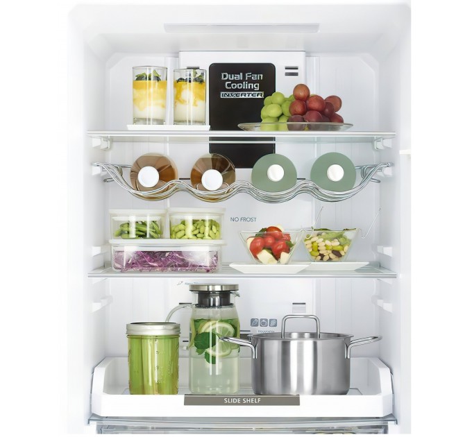 Холодильник Hitachi с нижн. мороз., 190x60х65, холод.отд.-215л, мороз.отд.-115л, 2дв., А++, NF, инв., зона нулевая, черный (стекло)