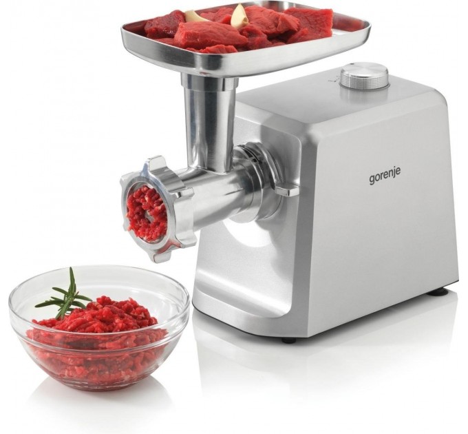 М'ясорубка Gorenje, 2500Вт, 2.4кг/хв, 3 решітки, насадка для ковбас, кеббе, томатів, 3 терки, пластик/метал, білий