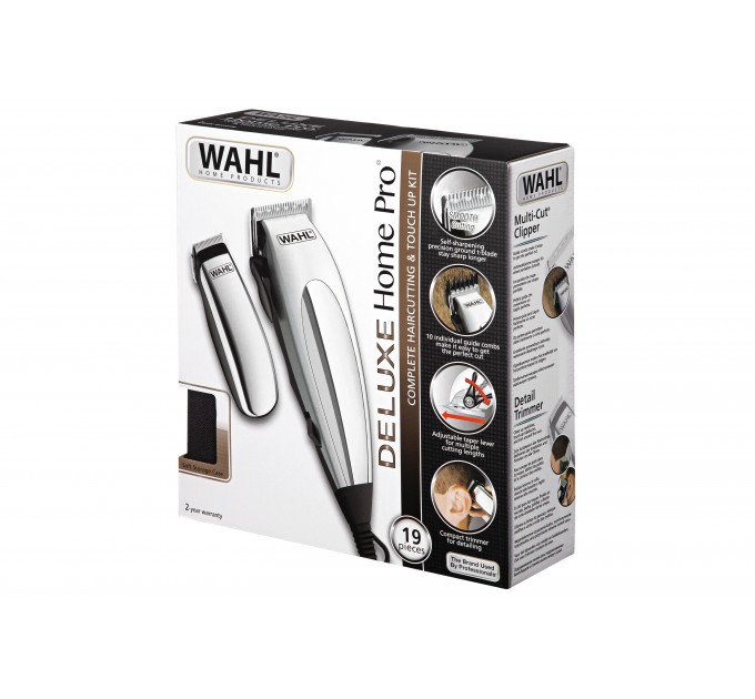 Машинка для стрижки WAHL HomePro Deluxe Combo, от сети, вибрационный мотор, насадок-12, мини-триммер в компл., серебристый