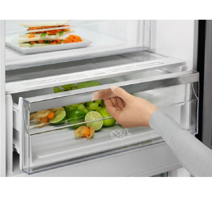 Холодильник Electrolux з нижн. мороз., 201x60х66, холод.відд.-244л, мороз.відд.-94л, 2дв., А++, NF, інв., диспл внутр., зона св-ті, чорний (скло)