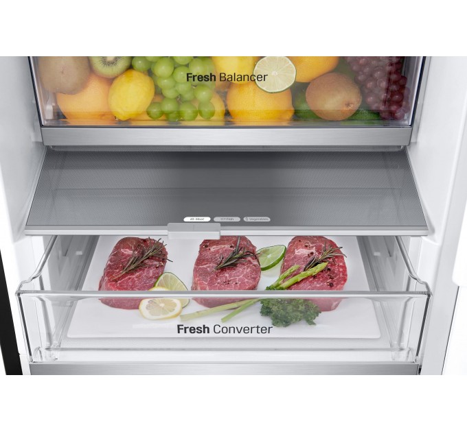 Холодильник LG с нижн. мороз., 203x60х68, холод.отд.-277л, мороз.отд.-110л, 2дв., E, NF, инв., диспл внешн., Fresh Сonverter, Metal Fresh, черный