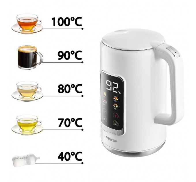 Електрочайник Sencor 1.7л, Strix, LED дисплей, подвійні стінки, сенс. керування, білий
