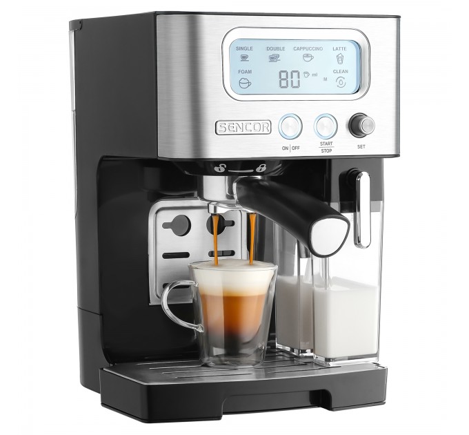 Кофеварка Sencor рожковая 1.4л, молотый, автоматический капучинатор, LCD-дисплей, нерж. сталь-черный
