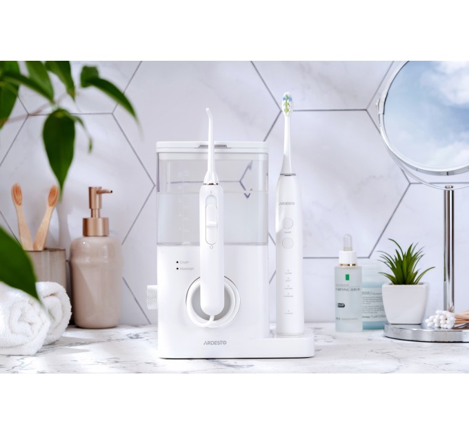 Ирригатор ARDESTO стационарный+электрическая зубная щётка, чаша 600 мл, от сети , 3 насадки, белый