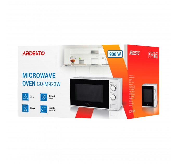 Мікрохвильова піч ARDESTO, 23л, мех.керув., 900Вт, відкр.кнопкою, білий