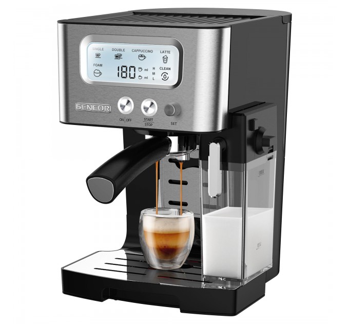 Кофеварка Sencor рожковая 1.4л, молотый, автоматический капучинатор, LCD-дисплей, нерж. сталь-черный