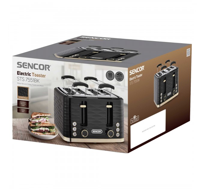 Тостер Sencor 1600Вт, подогрев, разморозка, 4 слота, пластик, черно-золотой