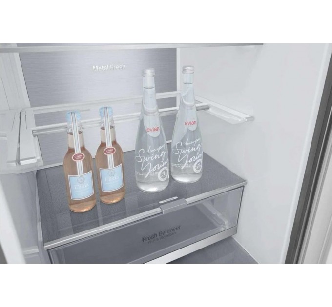 Холодильник LG з нижн. мороз., 203x60х68, холод.відд.-277л, мороз.відд.-107л, 2дв., А++, NF, інв., диспл зовн., Fresh Сonverter, Metal Fresh, сріблястий