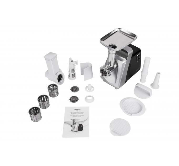 М'ясорубка ARDESTO, 2100Вт, 2кг/хв, 3 решітки, насадка для ковбас, кеббе, томатів, 3 терки, бургер-прес, пластик, чорно-срібний