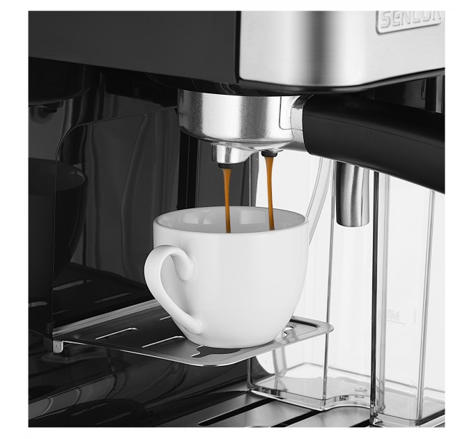 Кофеварка Sencor рожковая 1.4л, молотый, автоматический капучинатор, LCD-дисплей, нерж. сталь-черный