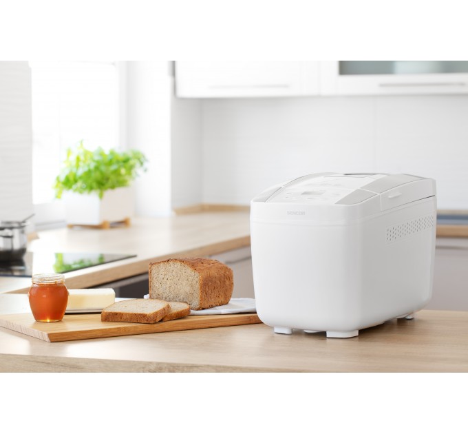 Хлебопечка Sencor 800Вт, программ-12, макс.вес -1.2кг, форма прямоугольник, пластик, белый