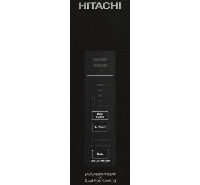 Холодильник Hitachi с нижн. мороз., 190x60х65, холод.отд.-215л, мороз.отд.-115л, 2дв., А++, NF, инв., зона нулевая, черный (стекло)
