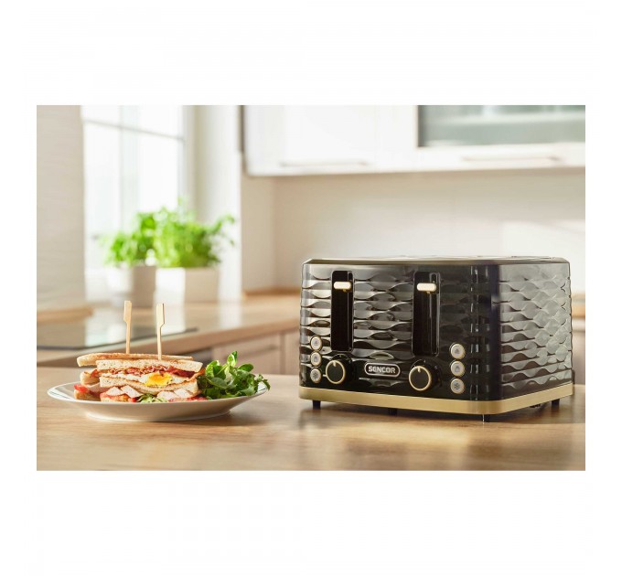 Тостер Sencor 1600Вт, подогрев, разморозка, 4 слота, пластик, черно-золотой