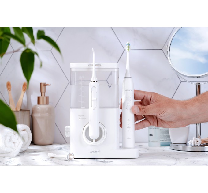 Ирригатор ARDESTO стационарный+электрическая зубная щётка, чаша 600 мл, от сети , 3 насадки, белый