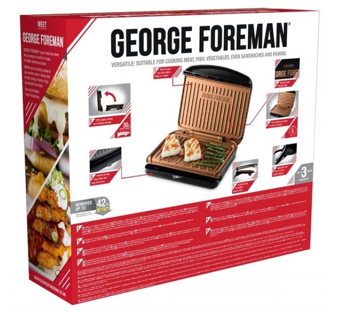 Гриль George Foreman прижимной Fit Grill Copper Medium 1630Вт, темп. режимов-1, пластик, черный