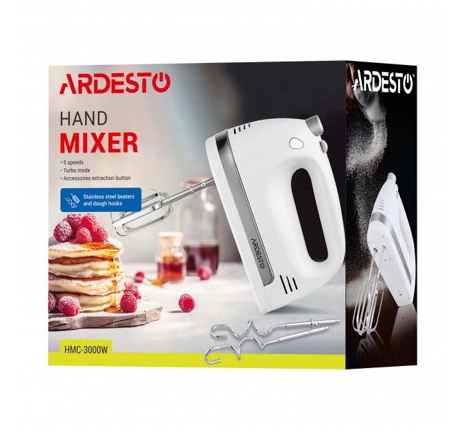 Миксер ARDESTO ручной 300Вт, насадки-4, турборежим, белый
