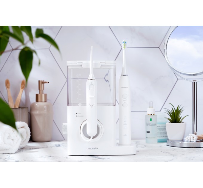 Ирригатор ARDESTO стационарный+электрическая зубная щётка, чаша 600 мл, от сети , 3 насадки, белый