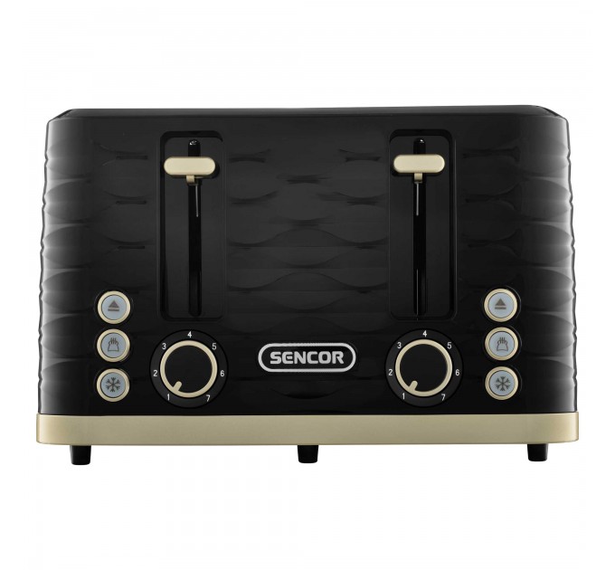Тостер Sencor 1600Вт, подогрев, разморозка, 4 слота, пластик, черно-золотой
