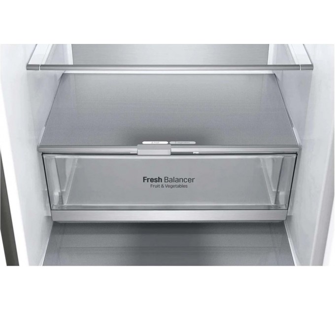 Холодильник LG з нижн. мороз., 203x60х68, холод.відд.-277л, мороз.відд.-107л, 2дв., А++, NF, інв., диспл зовн., Fresh Сonverter, Metal Fresh, сріблястий