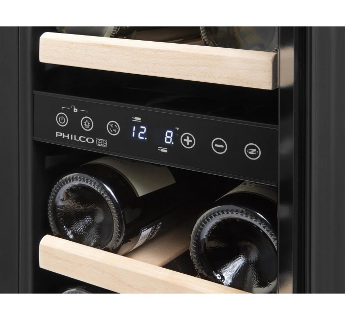 Холодильник Philco для вина, 85х29.5х57, холод.отд.-47л, зон - 2, бут-17, диспл, подсветка, черный