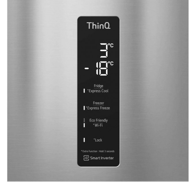 Холодильник LG з нижн. мороз., 203x60х68, холод.відд.-277л, мороз.відд.-107л, 2дв., А++, NF, інв., диспл зовн., Fresh Сonverter, Metal Fresh, сріблястий