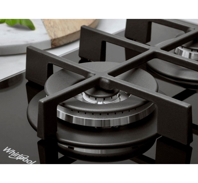 Варочная поверхность Whirlpool газ на стекле, 60см, чугун, конфорка с двойным рядом пламени, черный