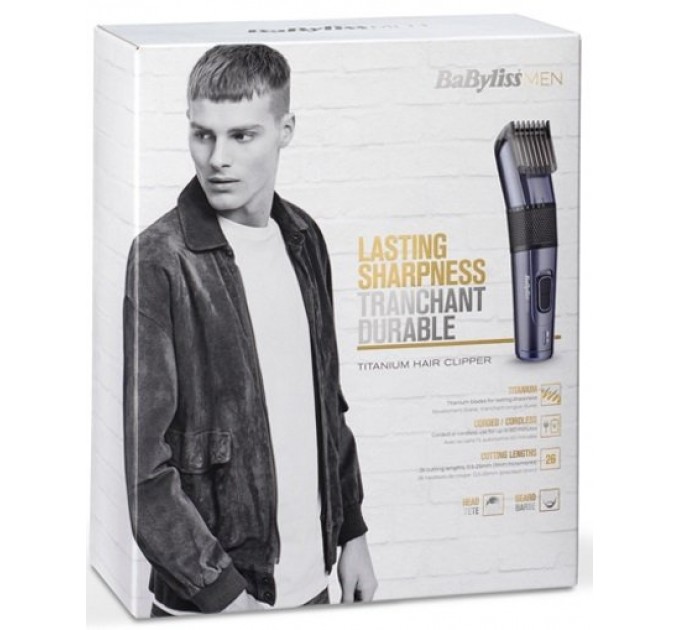 Машинка для стриження Babyliss, мережа+акум., вібраційний мотор, насадок-1, кейс, титан.напил., сірий