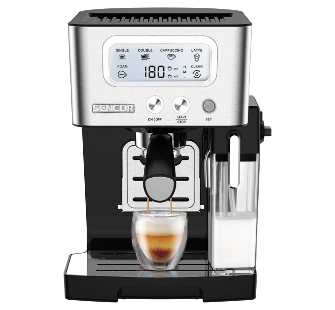 Кофеварка Sencor рожковая 1.4л, молотый, автоматический капучинатор, LCD-дисплей, нерж. сталь-черный