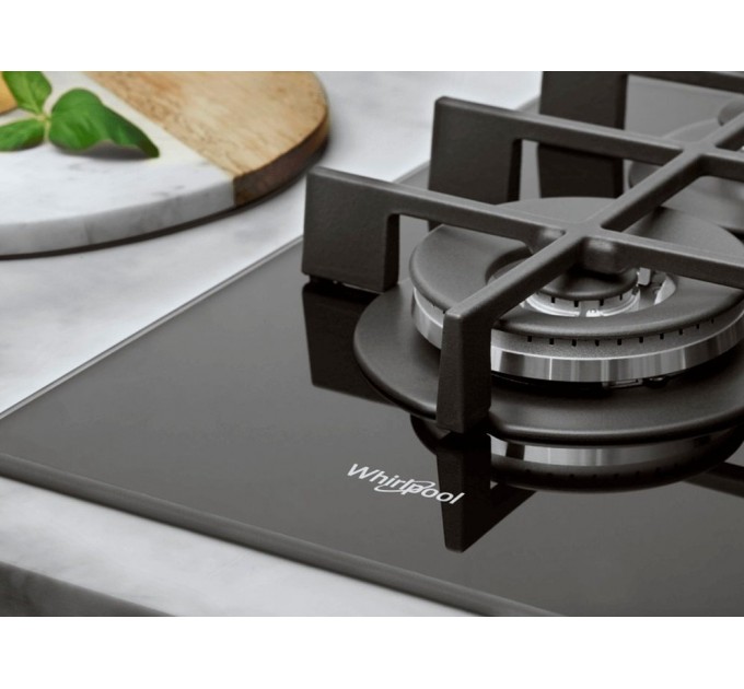 Варочная поверхность Whirlpool газ на стекле, 60см, чугун, конфорка с двойным рядом пламени, черный