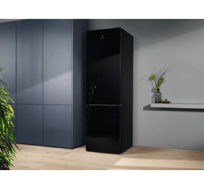 Холодильник Electrolux з нижн. мороз., 201x60х66, холод.відд.-244л, мороз.відд.-94л, 2дв., А++, NF, інв., диспл внутр., зона св-ті, чорний (скло)