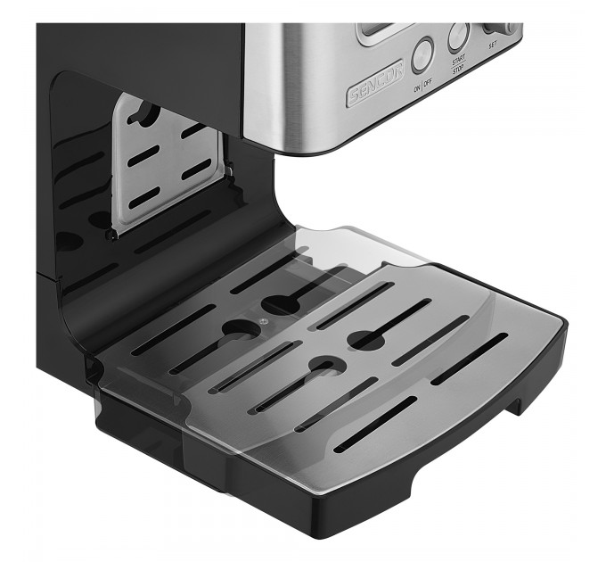 Кофеварка Sencor рожковая 1.4л, молотый, автоматический капучинатор, LCD-дисплей, нерж. сталь-черный