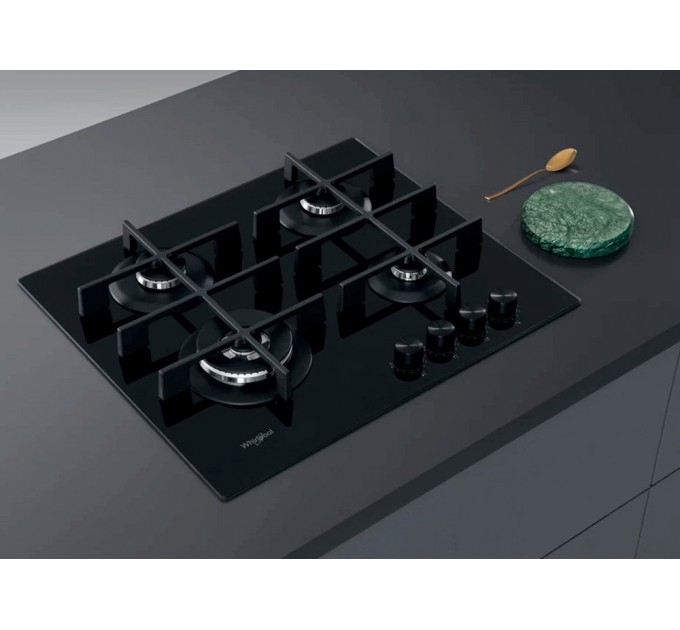 Варочная поверхность Whirlpool газ на стекле, 60см, чугун, конфорка с двойным рядом пламени, черный