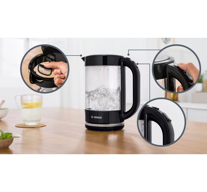 Електрочайник Bosch 1.7л, скло, чорний
