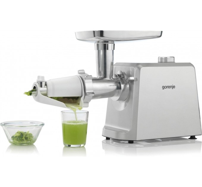 М'ясорубка Gorenje, 2500Вт, 2.4кг/хв, 3 решітки, насадка для ковбас, кеббе, томатів, 3 терки, пластик/метал, білий