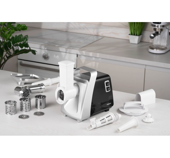 М'ясорубка ARDESTO, 2100Вт, 2кг/хв, 3 решітки, насадка для ковбас, кеббе, томатів, 3 терки, бургер-прес, пластик, чорно-срібний