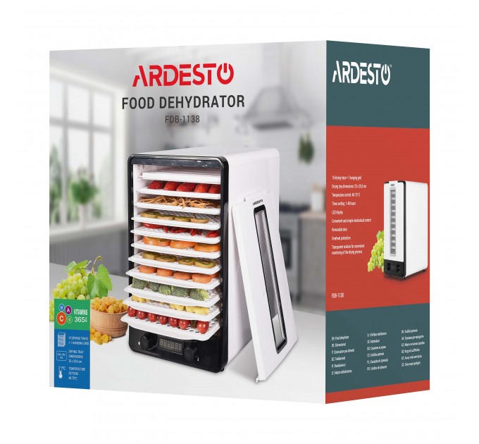 Сушарка для продуктів ARDESTO 550Вт, піддонів - 10+1x3см, макс - 70°С, сітка для ягід, пластик, білий