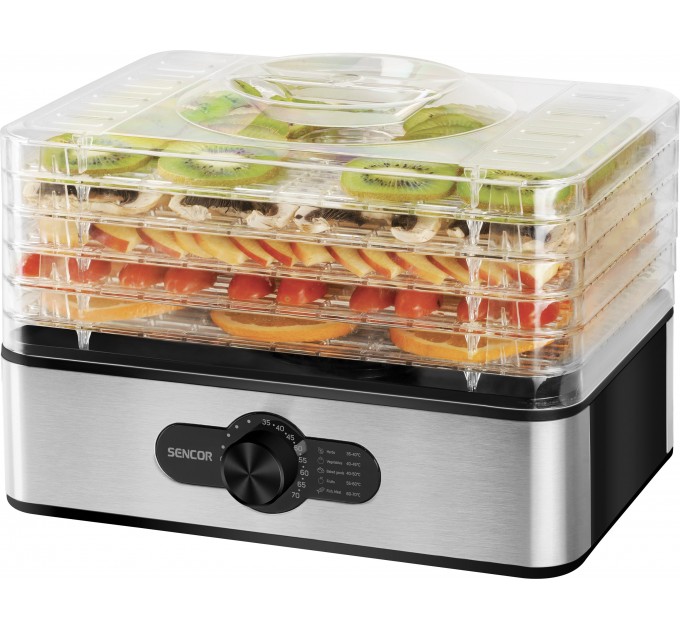 Сушка для продуктов Sencor 240Вт, поддонов - 5x2.9см, диаметр - 29см, макс - 70°С, металл, пластик, серый