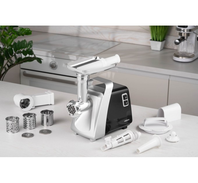М'ясорубка ARDESTO, 2100Вт, 2кг/хв, 3 решітки, насадка для ковбас, кеббе, томатів, 3 терки, бургер-прес, пластик, чорно-срібний