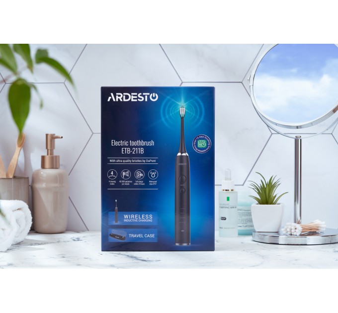 Щетка зубная электр. ARDESTO, ETB-211B, 40т. колеб/мин, насадок-5, футляр, IPX7, черный