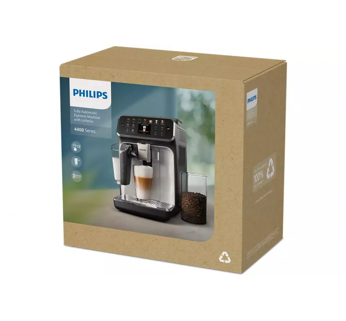 Кофемашина Philips Series 4400 LatteGo, 1.8л, зерно+мол., автомат.капуч, дисплей, авторецептов -12, бело-серебристый