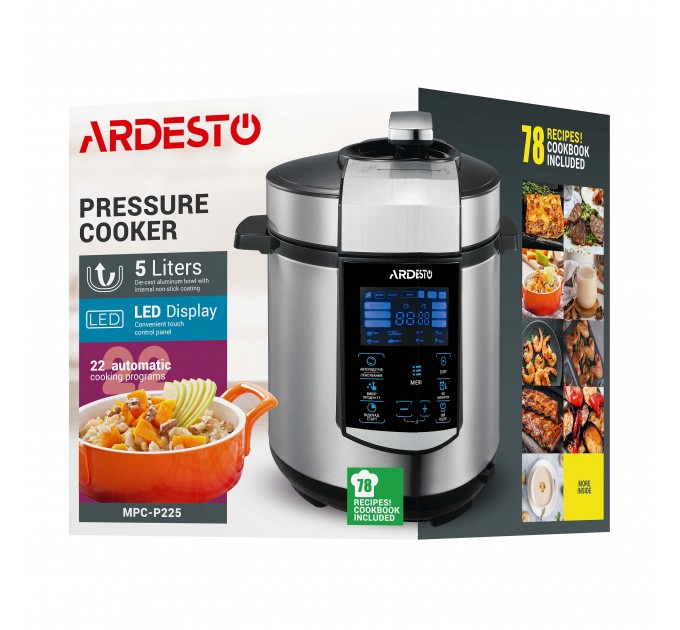 Мультиварка-скороварка ARDESTO, 900Вт, чаша-5л, електронне керув., книга рецептів, метал/пластик, сірий