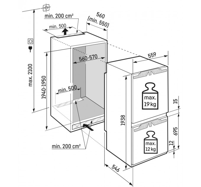 Холодильник Liebherr встраиваемый с нижн. мороз., 193.8x55.9х54.6, холод.отд.-215л, мороз.отд.-70л, 2дв., D, NF, диспл внутр., белый